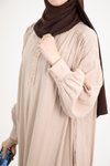 Bej Modal Cupra Düğmeli Büzgü Detaylı Tesettür Elbise