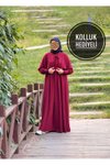 Bordo Desenli Örme Pelerinli Tesettür Elbise
