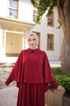 Bordo Pelerinli Yakalı Tesettür Elbise