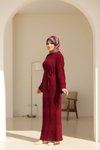 Bordo Uzun Kol Otantik Triko İçlikli Tesettür Elbise