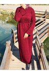 Bordo Uzun Kol Otantik Triko İçlikli Tesettür Elbise