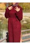 Bordo Uzun Kol Otantik Triko İçlikli Tesettür Elbise
