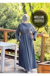 Gri Anvelop Örme Ferace Kolluklu Tesettür Elbise