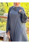 Gri Anvelop Örme Ferace Kolluklu Tesettür Elbise