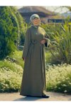 Haki Örme Kaplama Düğmeli Kolluklu Tesettür Elbise