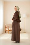 Kahve Kadife Büzgü Yaka Tesettür Elbise