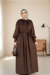 Velvet Gathered Neck Modest Dress - Brown