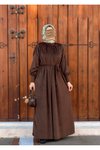 Kahve Kadife Büzgü Yaka Tesettür Elbise