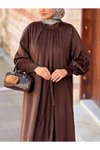 Kahve Kadife Büzgü Yaka Tesettür Elbise