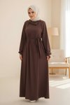 Kahverengi Örme Ferace Anvelop Kolluklu Tesettür Elbise