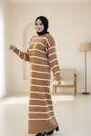 Kamel Çizgili Triko Tesettür Elbise