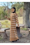 Kamel Çizgili Triko Tesettür Elbise