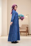 Koyu Mavi Çiçek Nakışlı Kot Tesettür Elbise