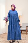 Modest Floral Embroidered Denim Dress - Dark Blue