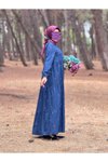 Koyu Mavi Çiçek Nakışlı Kot Tesettür Elbise