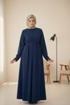 Lacivert Örme Kaplama Düğmeli Kolluklu Tesettür Elbise