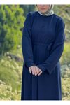 Lacivert Örme Kaplama Düğmeli Kolluklu Tesettür Elbise