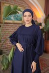 Lacivert Salaş Çift Bantlı Tesettür Elbise