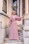 Pembe Pötikareli Jakar Balon Kol Tesettür Elbise