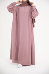Pudra Modal Cupra Büzgü Detaylı Düğmeli Tesettür Elbise