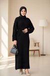 Siyah File Uzun Kol İçlikli Triko Tesettür Elbise