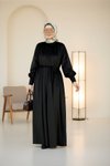 Siyah Kadife Büzgü Yaka Tesettür Elbise