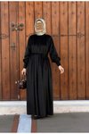 Siyah Kadife Büzgü Yaka Tesettür Elbise