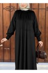 Siyah Kadife Büzgü Yaka Tesettür Elbise
