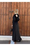Siyah Kadife Büzgü Yaka Tesettür Elbise