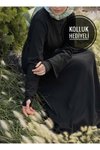 Siyah Örme Kaplama Düğmeli Kolluklu Tesettür Elbise