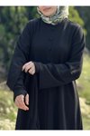 Siyah Örme Kaplama Düğmeli Kolluklu Tesettür Elbise