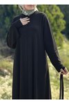 Siyah Örme Kaplama Düğmeli Kolluklu Tesettür Elbise