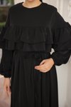 Siyah Salaş Çift Fırfırlı Tesettür Elbise