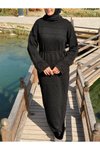 Siyah Uzun Kol İçlikli Otantik Triko Tesettür Elbise