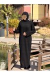 Siyah Uzun Kol İçlikli Otantik Triko Tesettür Elbise