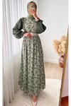 Yeşil Desenli Tesettür Fırfırlı Garni Şifon Elbise