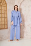 Bebe Mavi Gofre Balon Kol Büzgülü Tunik Pantolon İkili Takım