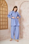 Bebe Mavi Gofre Balon Kol Büzgülü Tunik Pantolon İkili Takım