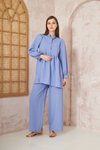 Bebe Mavi Gofre Balon Kol Büzgülü Tunik Pantolon İkili Takım