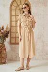 Bej Kırışmaz Airobin Midi Kısa Kollu Kemerli Safari Cepli Gömlek Elbise