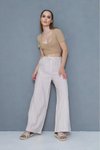 Relaxed Fit Wide Leg Poplin Eyelet Detail Pants - Beige