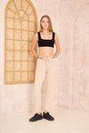 Bej Şeritli Bilekboy Rahat Kalıp Beli Lastik Bağcıklı Cepli Pantolon