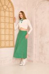 Benetton Yeşil Uzun Dar Kalıp Yüksek Bel Cepli Kaşe Dokulu Kloş Etek