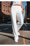 Beyaz Bol Paça Beli Lastikli Rahat Çift Cepli Keten Dokulu Pantolon