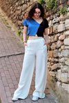 Beyaz Bol Paça Beli Lastikli Rahat Çift Cepli Keten Dokulu Pantolon
