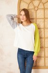 Beyaz Fıstık Yeşil Gri Uzun Kollu Yuvarlak Yaka Dikiş Detaylı Sweatshirt
