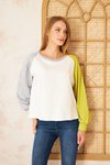 Beyaz Fıstık Yeşil Gri Uzun Kollu Yuvarlak Yaka Dikiş Detaylı Sweatshirt