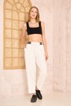 Beyaz Şeritli Bilek Boy Beli Lastik Bağcıklı Cepli Pantolon