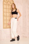 Beyaz Şeritli Bilek Boy Beli Lastik Bağcıklı Cepli Pantolon