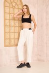 Beyaz Şeritli Bilek Boy Beli Lastik Bağcıklı Cepli Pantolon